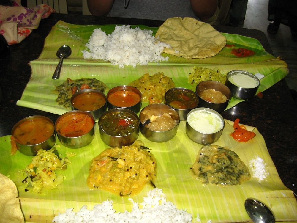 South Indian meal served on a banana leaf